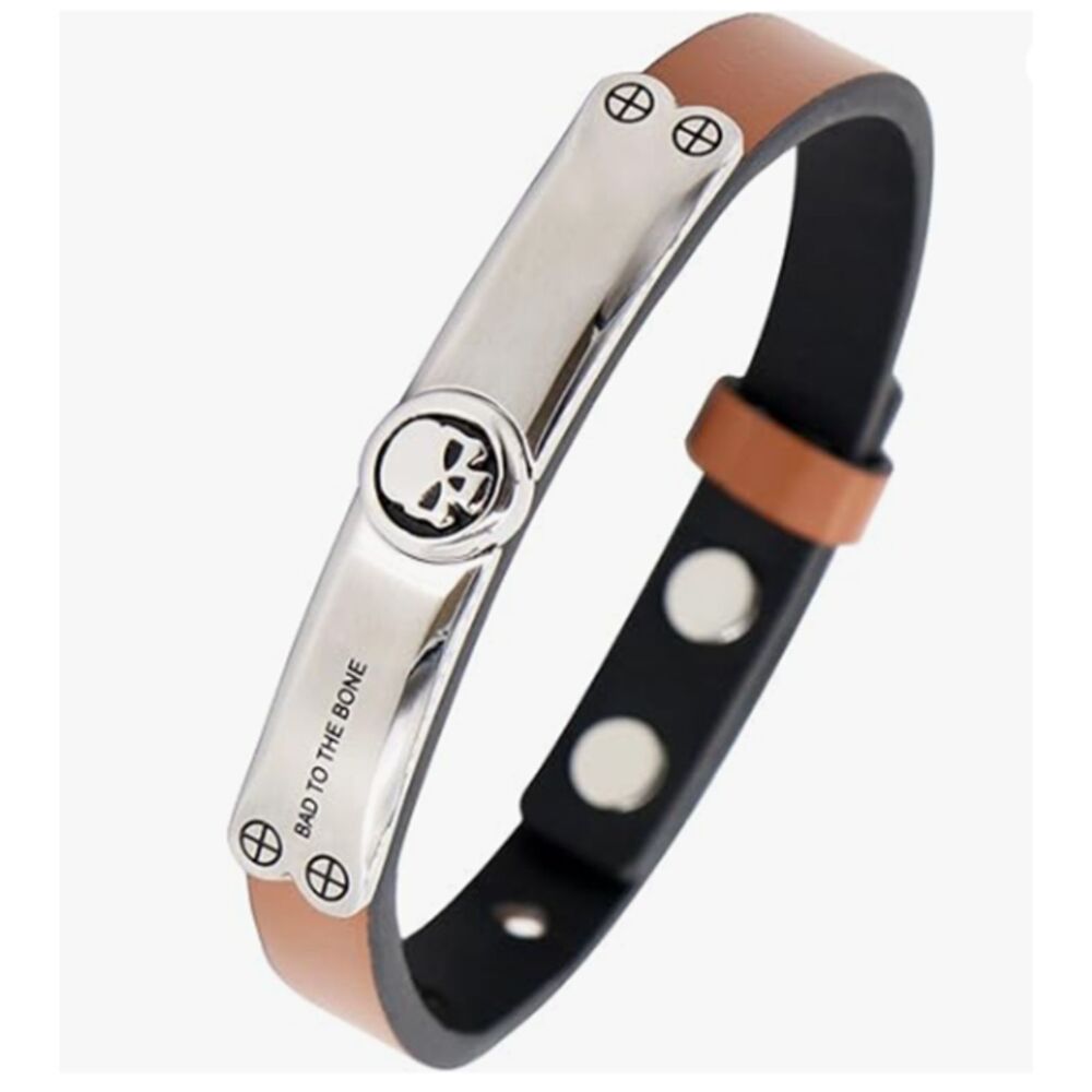 Genuine Leather Men's Bracelet Stainless Steel SKULL Bar Adjustable